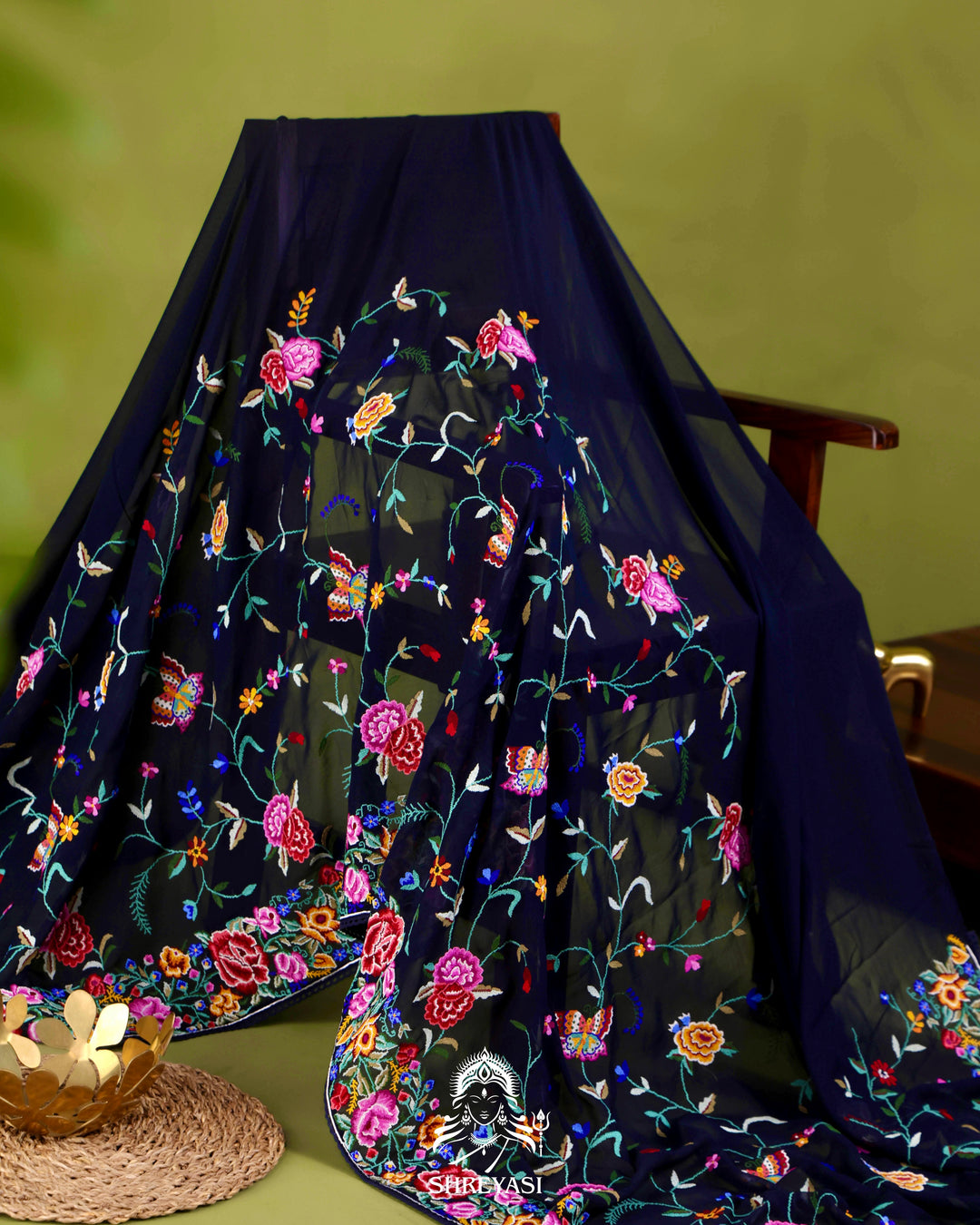 Pure Georgette Saree with Petit Point Embroidery and Lace Borders