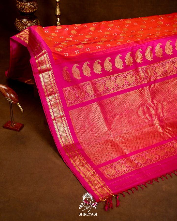 Handloom Pure Gadwal Silk Saree with Contrast Full Bhuti Blouse