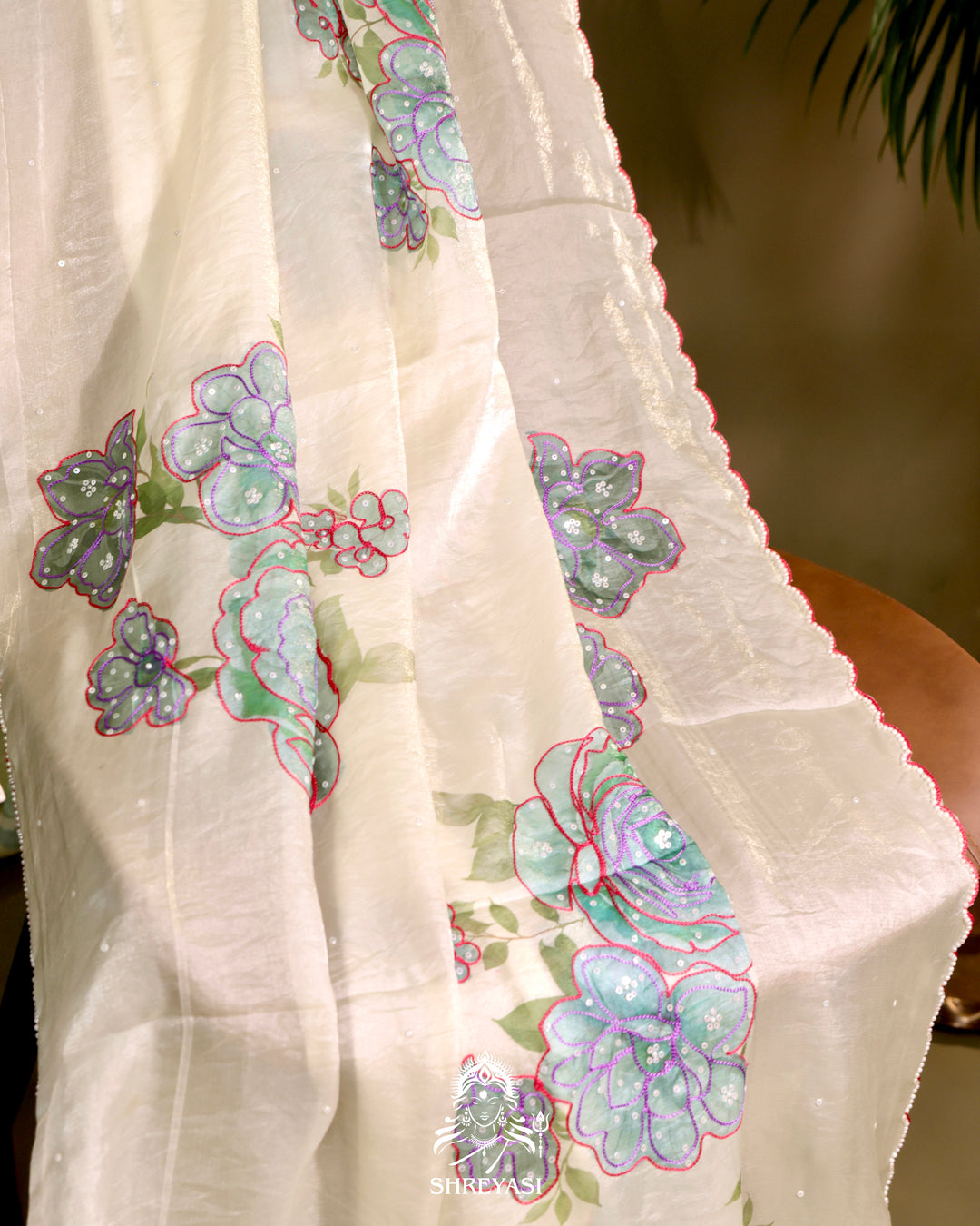 Glass Tissue Saree with Floral Print and  Embroidery