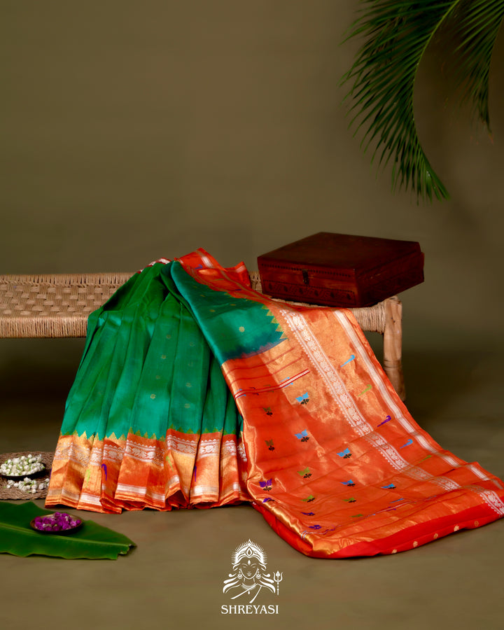 Handloom Pure Gadwal Silk Saree with Paithani Muniya Tissue Borders