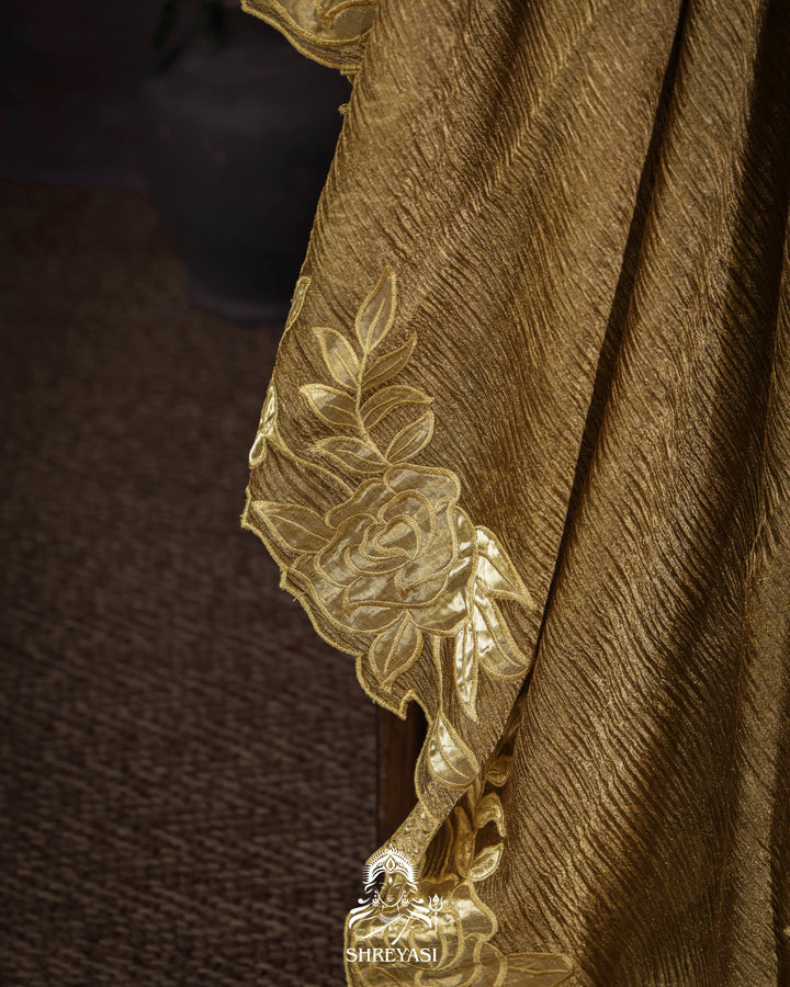 Handloom Pure Banarasi Crushed Tissue Silk Saree with Appliqué Borders