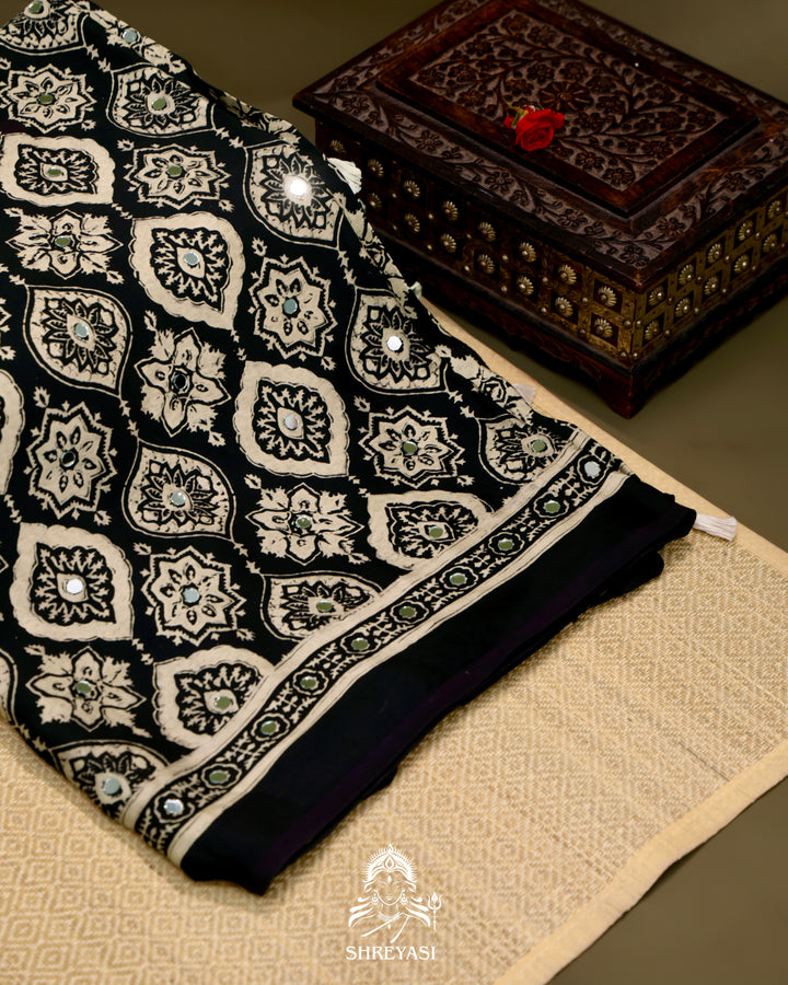 Ajrakh Hand Block Printed Pure Modal Silk Saree With Mirror Work