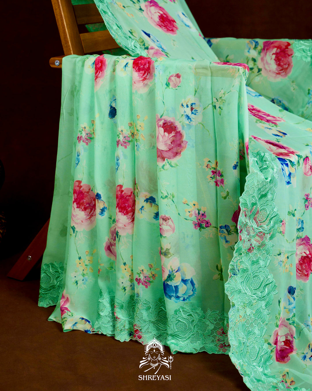Pure Georgette Floral Saree with Chantilly Lace Embroidery Border
