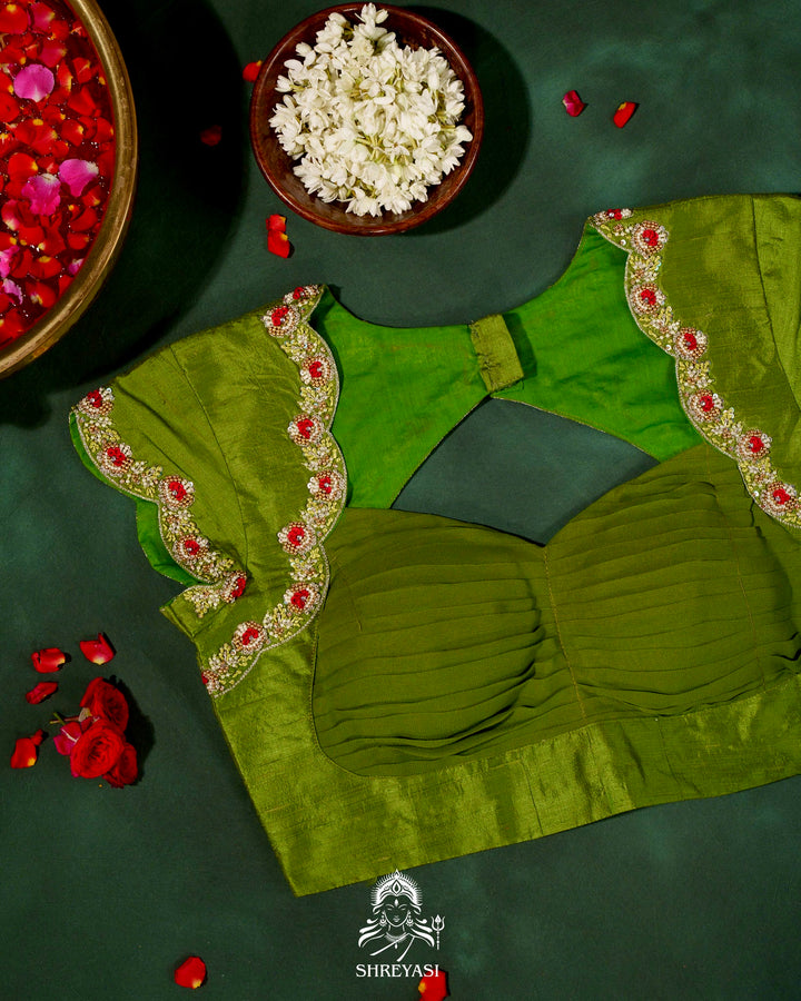 Handloom Pure Chanderi Silk Saree with Hand Embroidered Maggam Work Blouse