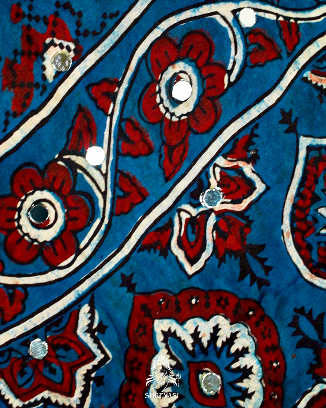 Mirror Work Pure Modal Silk Ajrakh Hand Block Printed Saree | Naturally Dyed Artisan Collection