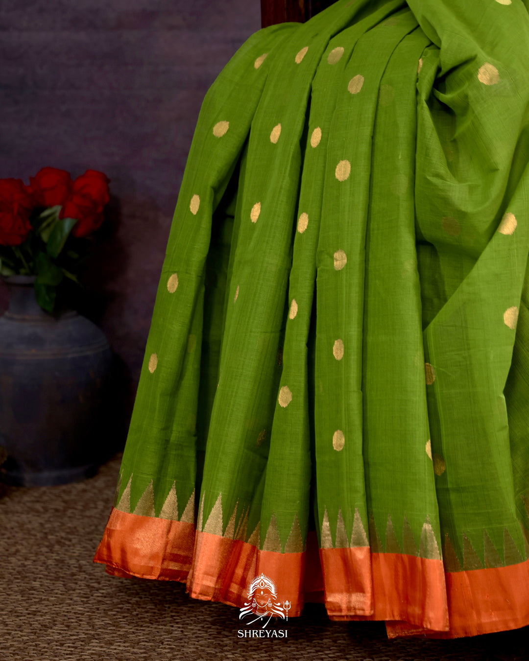 Handwoven Pure Ponduru Khadi Jamdani Saree in Fresh Leaf Green with Woven Floral & Bird Pallu