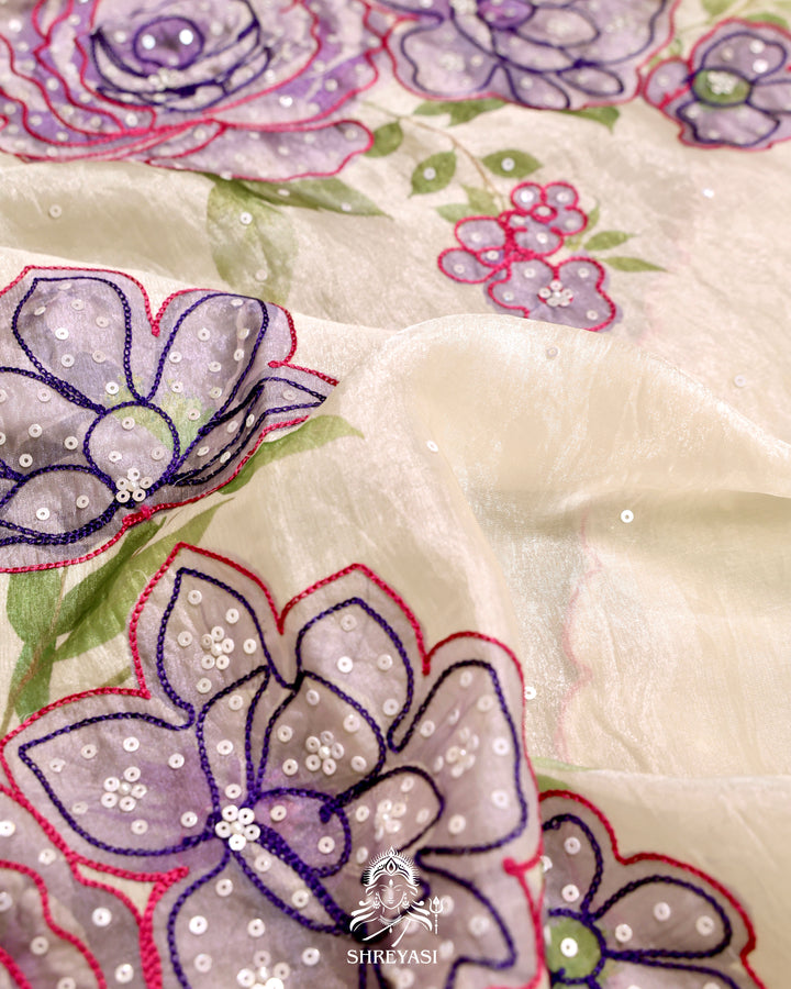 Glass Tissue Saree with Floral Print and  Embroidery