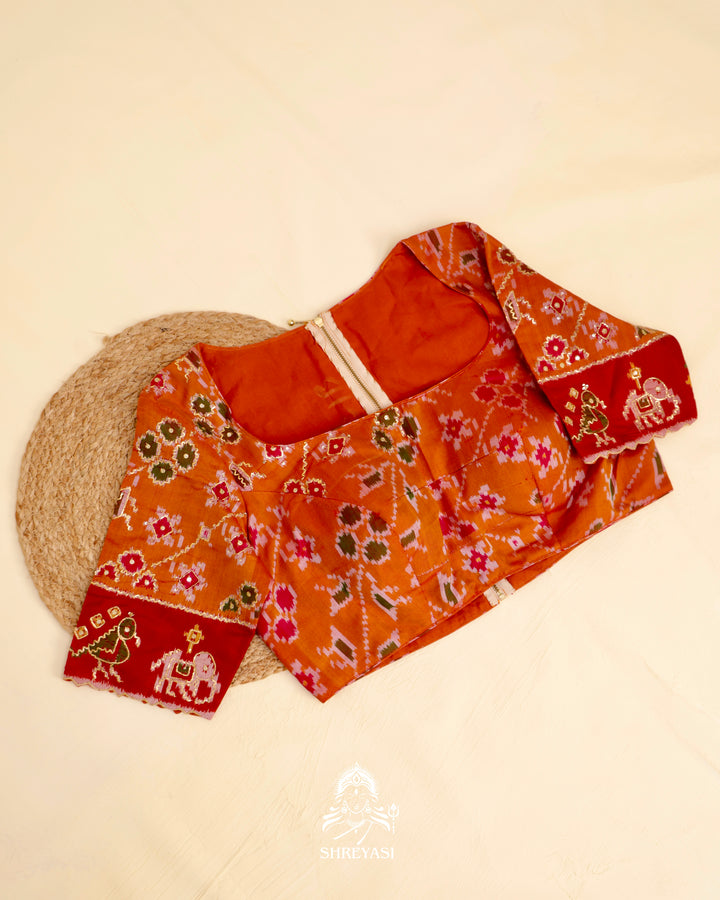 Rajkot Patola single ikat silk blouse with geometric motifs and pita embroidery