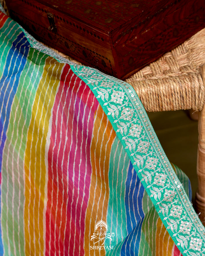 Pure Organza Silk Saree in Multicolor Leheriya with Mint Embroidered Border