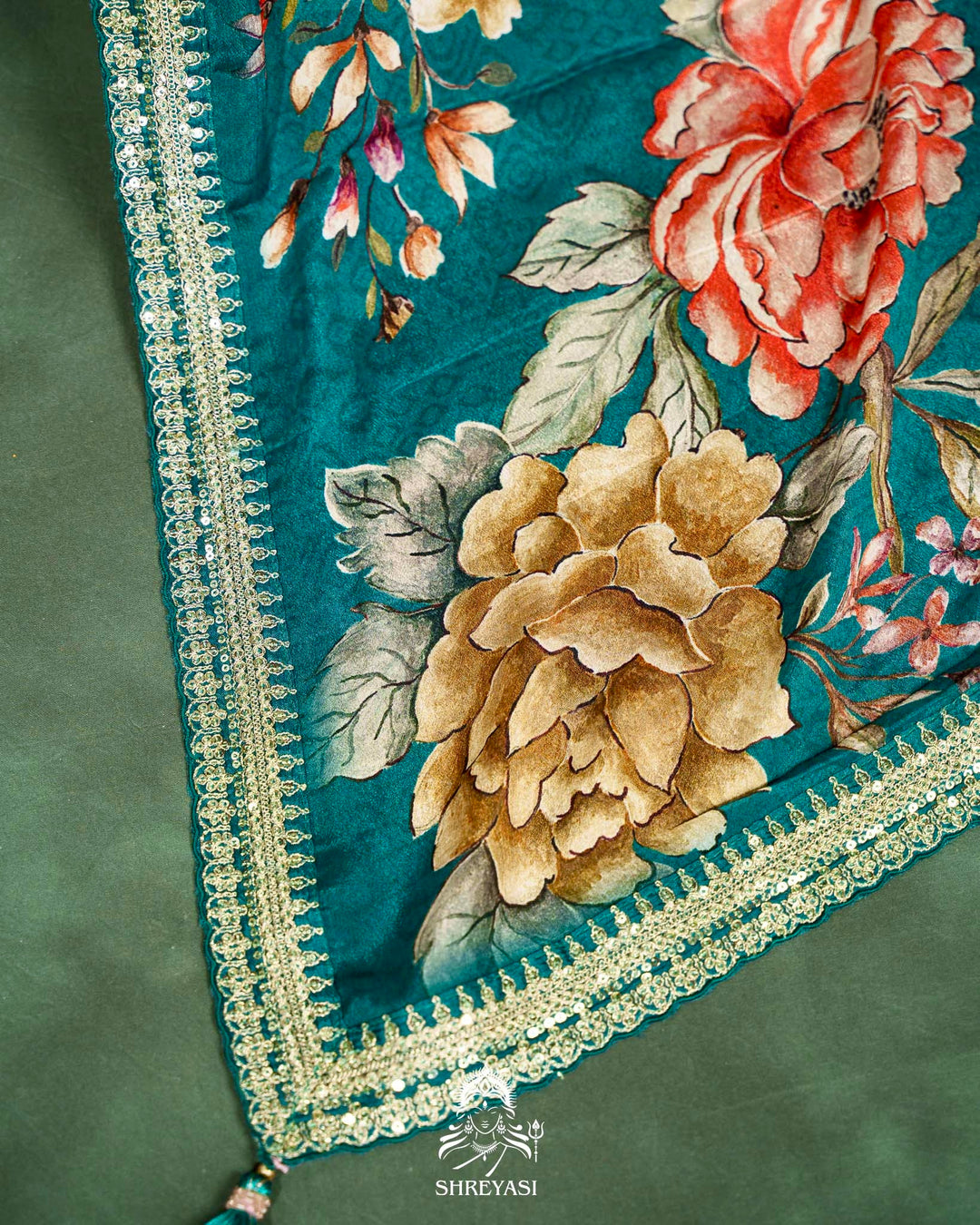 Floral Crepe Chiffon Saree with Embroidered Borders
