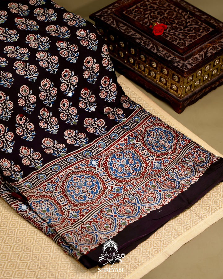 Ajrakh Hand Block Printed Pure Modal Silk Saree With Mirror Work