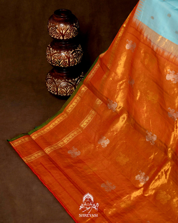 Handloom Pure Gadwal Silk Saree with Tissue Kuttu Border and full Bhuti Silk Blouse