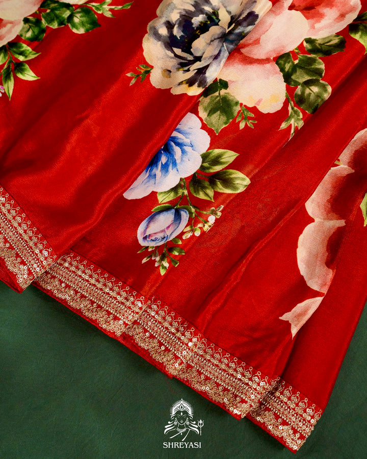 Pure Chinon Satin Silk Saree with Floral Print & Embroidered Border