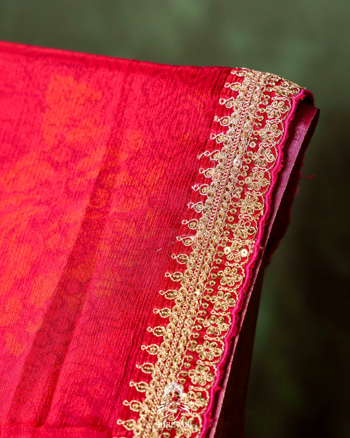 Floral Crepe Chiffon Saree with Embroidered Borders