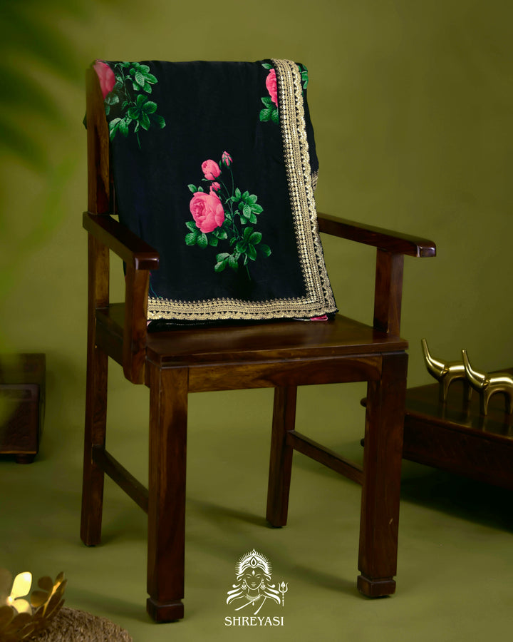 Black Chinon Satin Floral Saree with Embroidered Border