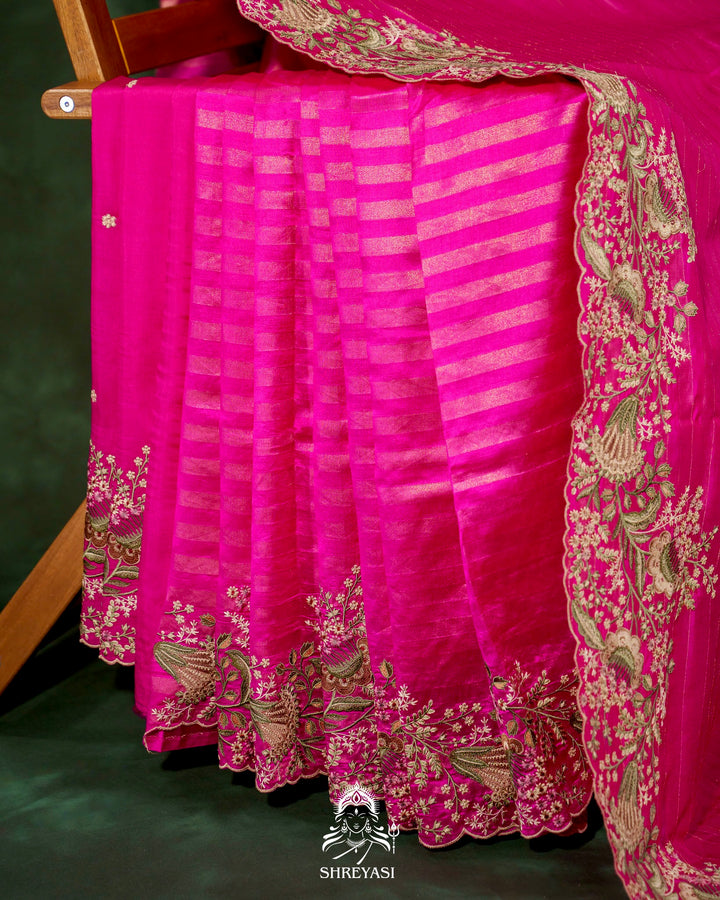 Handloom Pure Banarasi Silk Saree with Zari Stripes and Fine Resham Thread Embroidery