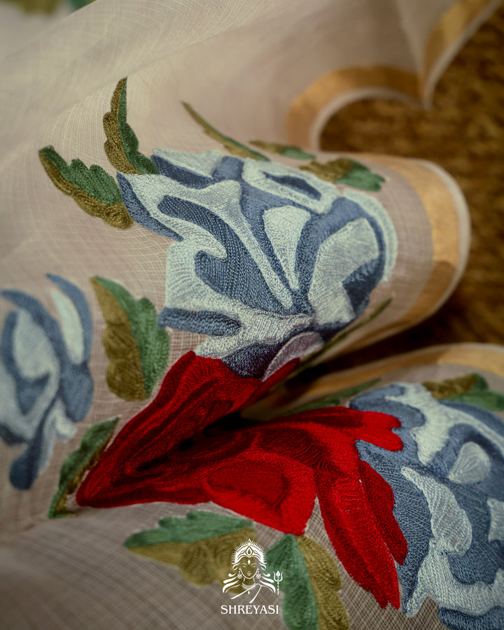 Handloom Pure Silk Kota Saree with Resham Floral Embroidery
