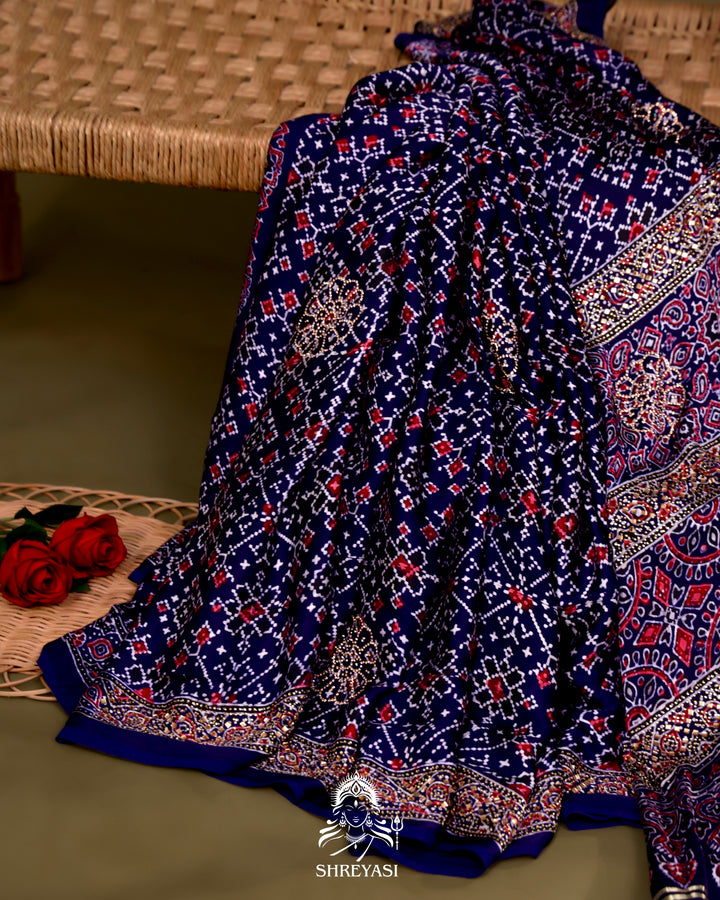 Pure Modal Silk Ajrakh Saree with Swarovski Crystal Embroidery