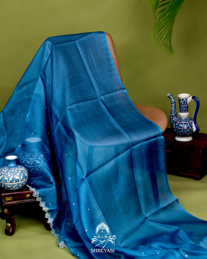 Handloom Pure Tussar Kota Saree with Scalloped Pitta Embroidery Border