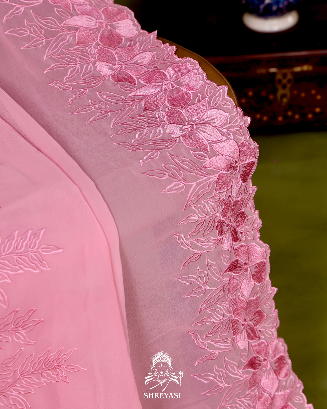 Soft Georgette Saree with Floral Thread Embroidery Border