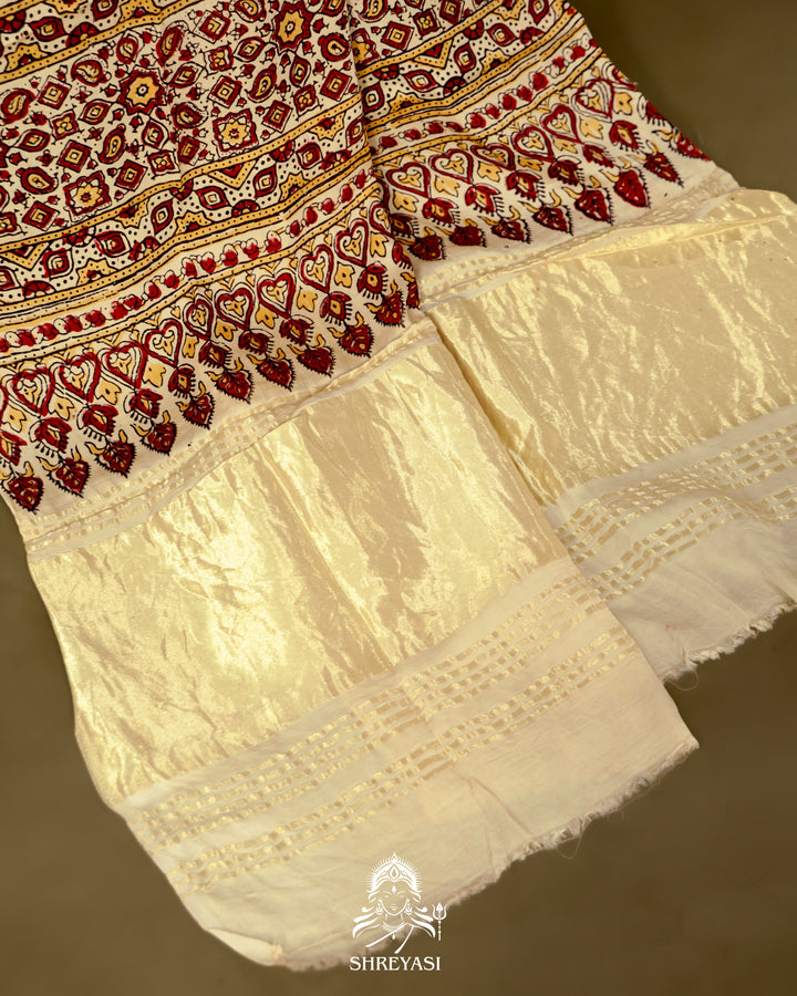 Pure Modal Gaji Silk Lagdi Patta Ivory Red Ajrakh Saree in Natural Dyes