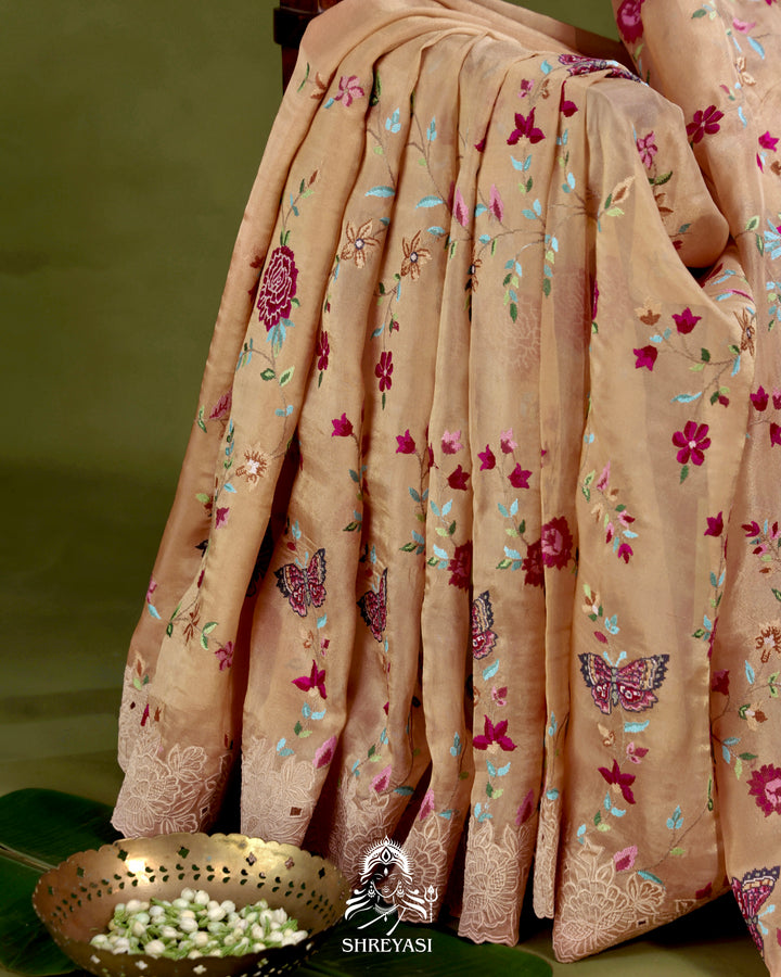 Handloom Pure Tissue Silk Saree with All Over Petit Point Embroidery and Chantilly Lace Borders