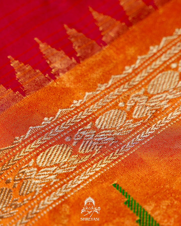 Handloom Pure Gadwal Silk Saree in Rani Pink with Orange Tissue Muniya Border