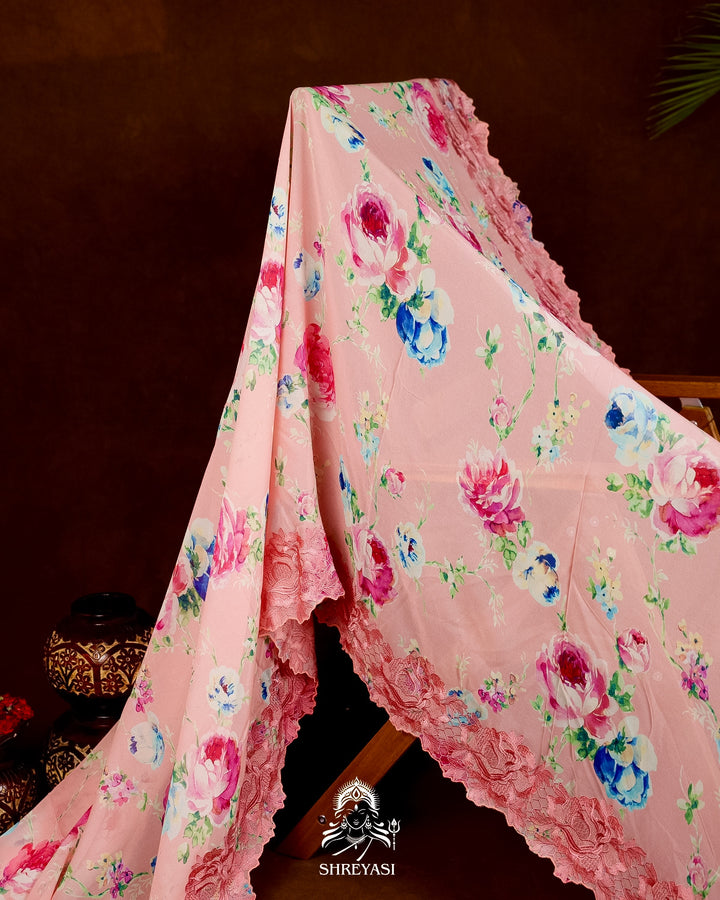 Pure Georgette Floral Saree with Chantilly Lace Embroidery Border