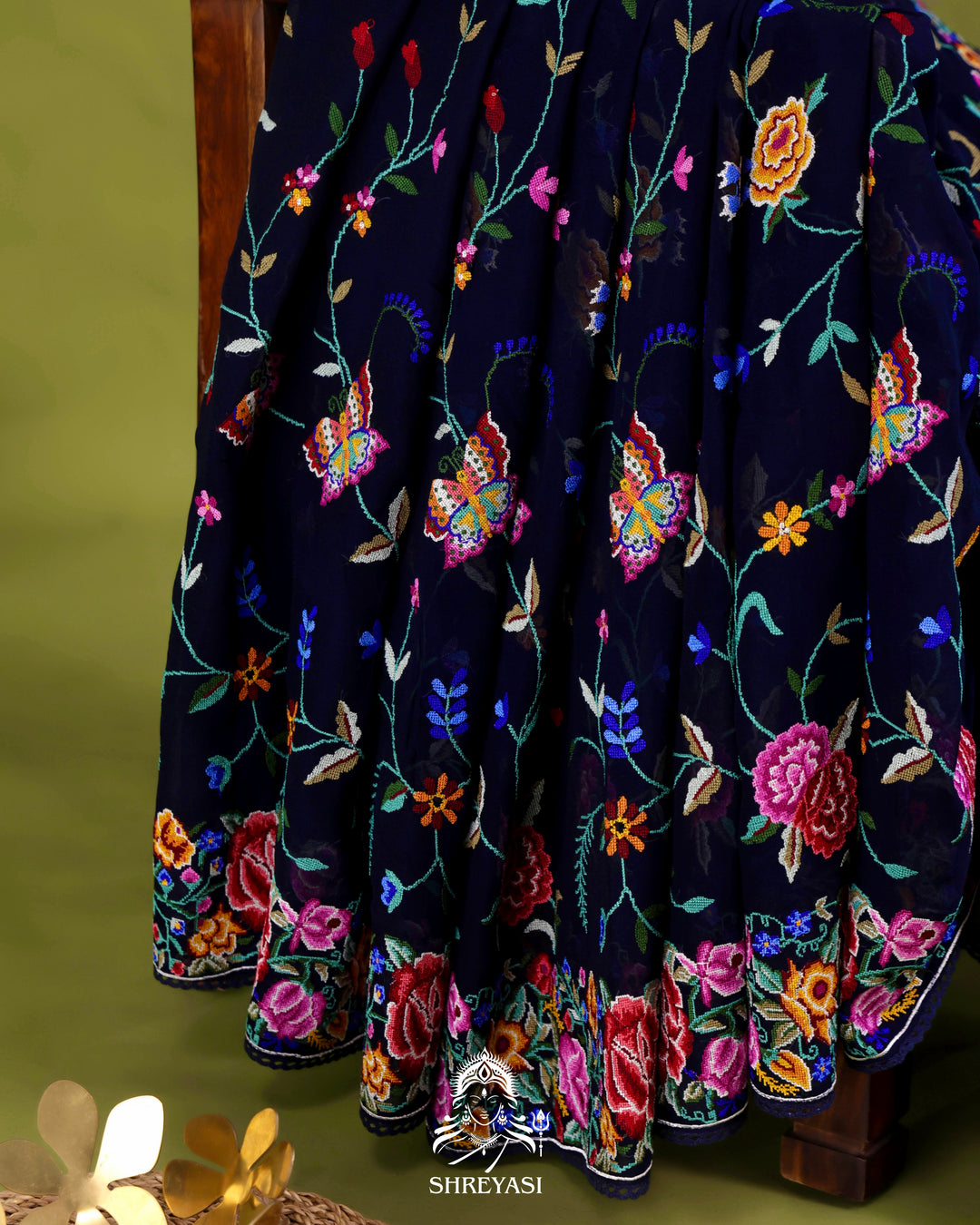 Pure Georgette Saree with Petit Point Embroidery and Lace Borders