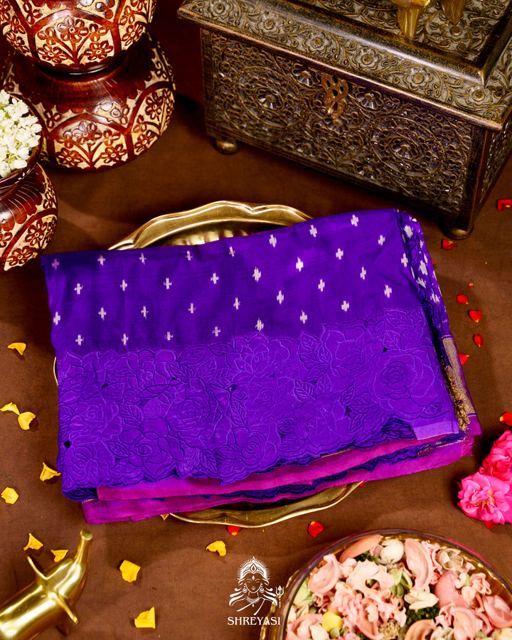 Handloom Pure Patola Silk Saree with Scalloped Floral Appliqué Embroidered Borders