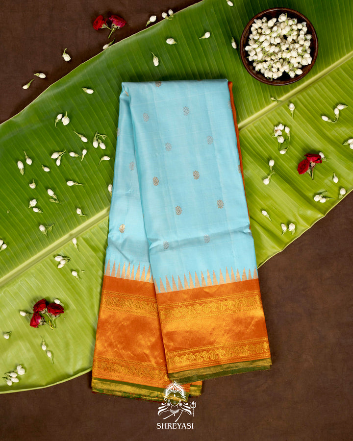 Handloom Pure Gadwal Silk Saree with Tissue Kuttu Border and full Bhuti Silk Blouse
