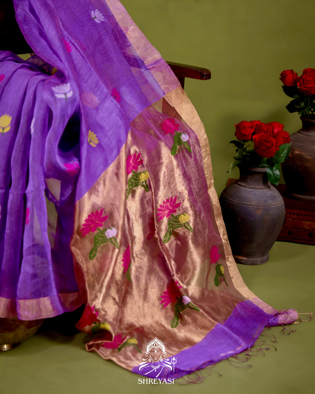 Handloom Silk Linen Jamdani Saree with Tissue Paithani Pallu
