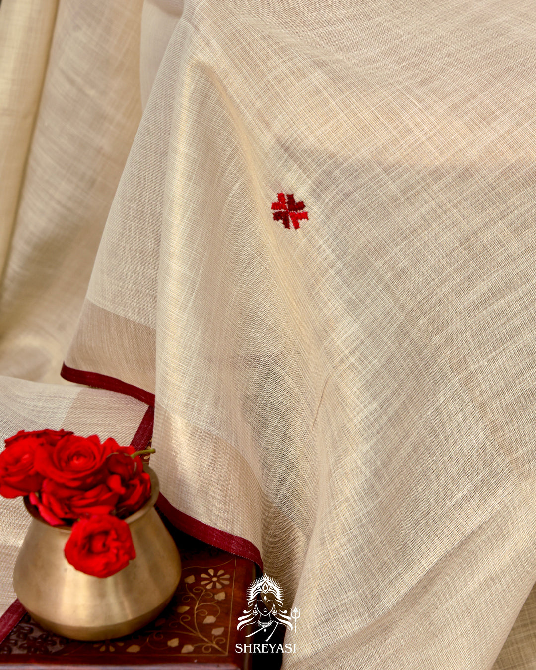 Bengal Linen Tissue Saree with Kathiyawadi Mirror Embroidery