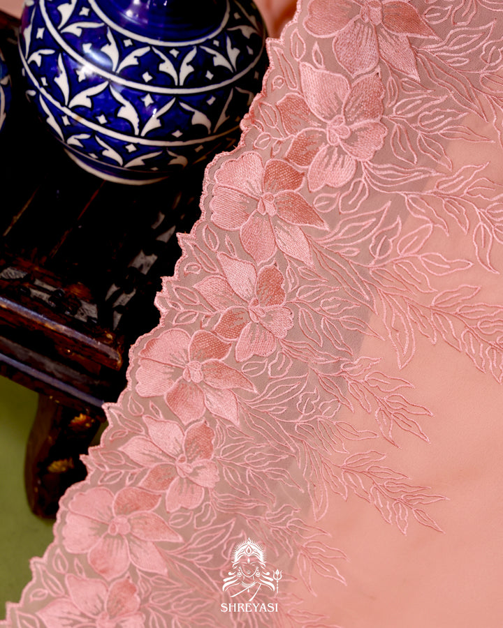 Soft Georgette Saree with Floral Thread Embroidery Border