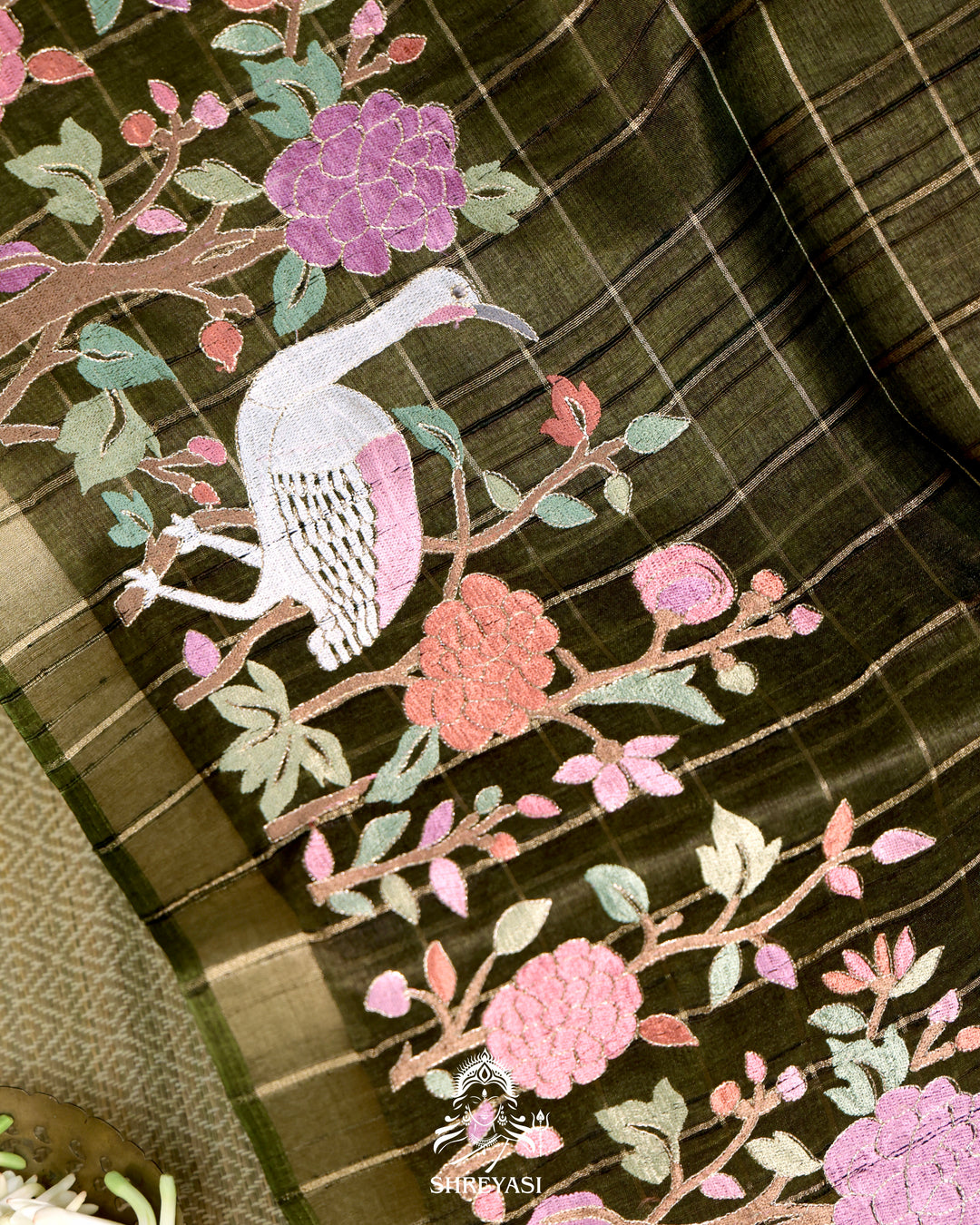 Pure Linen Tussar Silk Saree with Resham Embroidered Borders