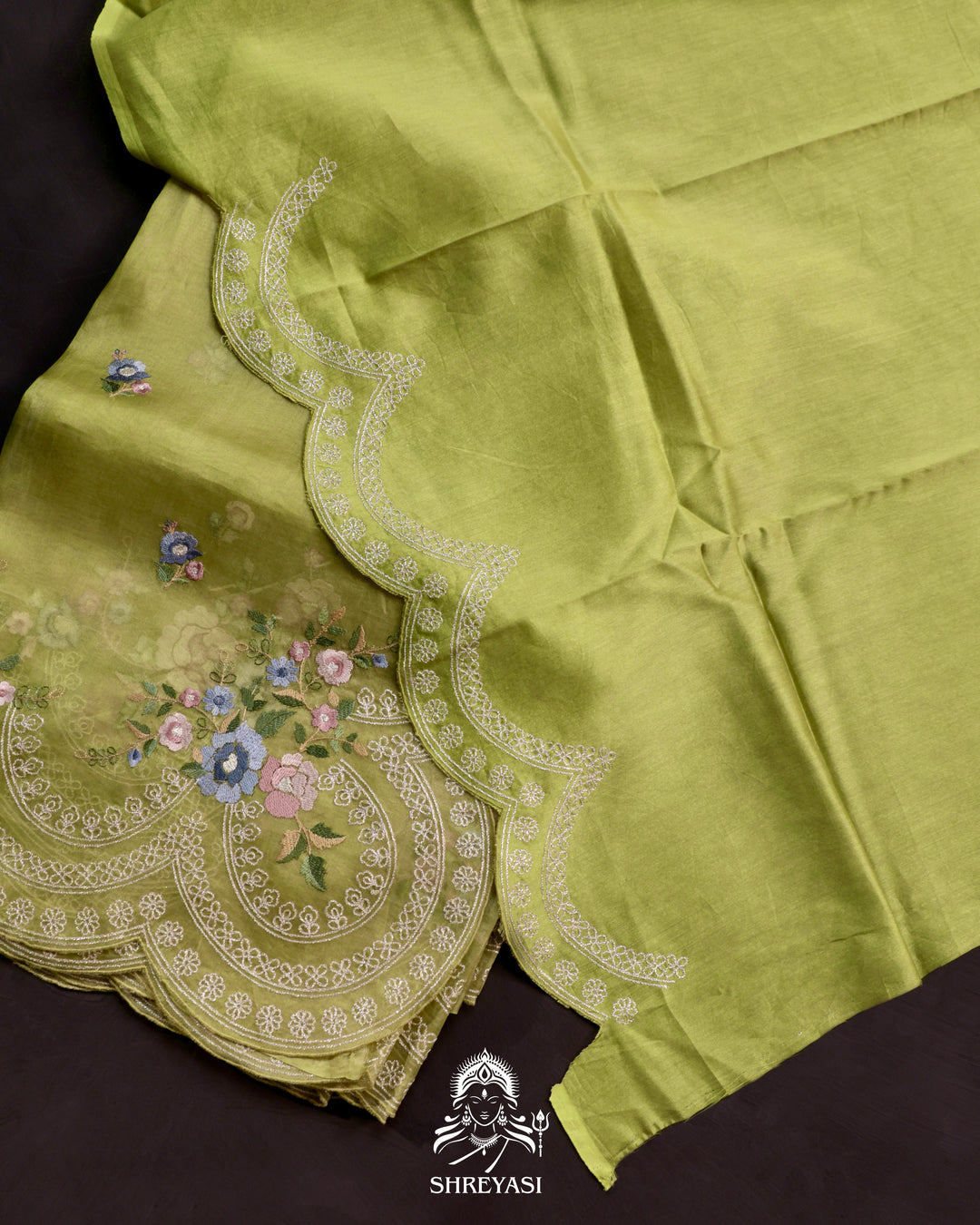 Organza Silk Saree with Pita Hand Embroidery and Floral Threadwork