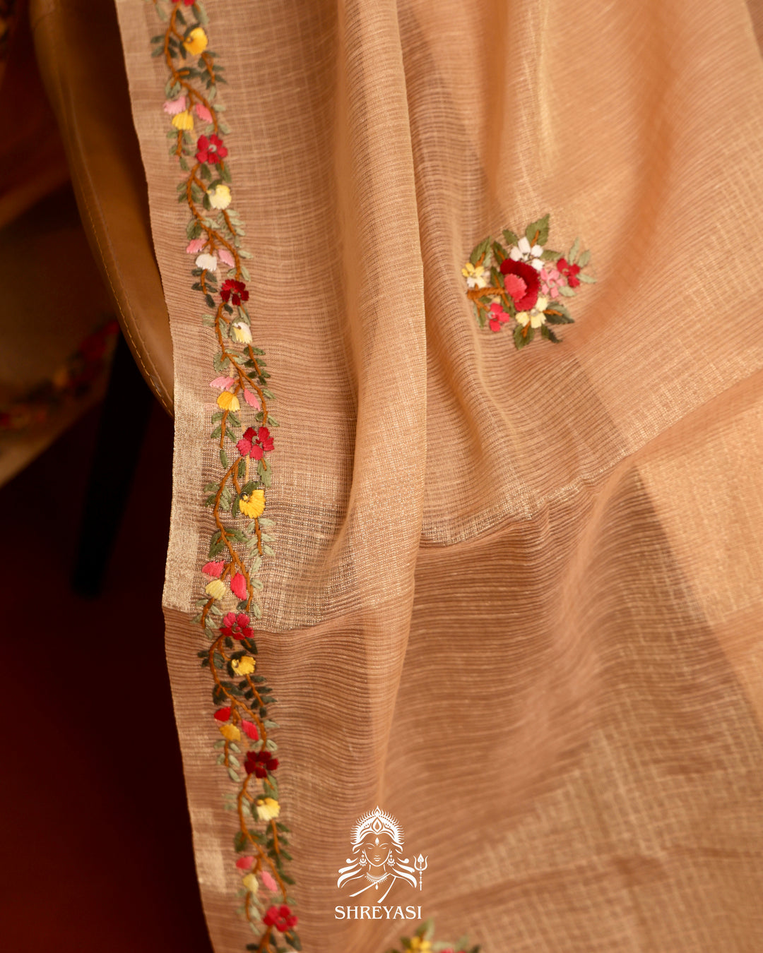 Tissue Linen Saree with Resham Floral Embroidery