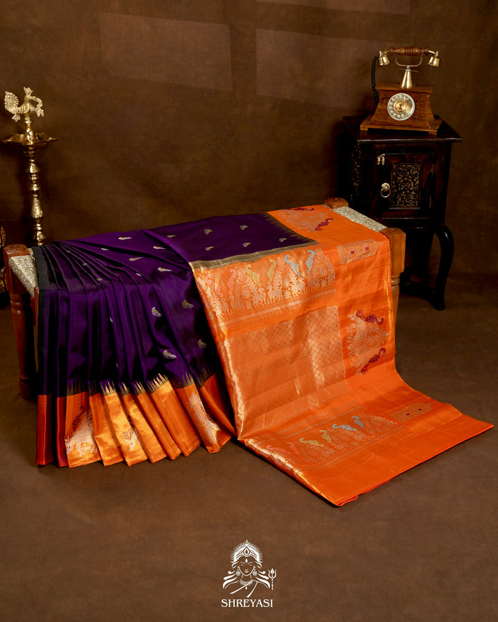 Handloom Pure Gadwal Silk Saree with Tissue Border & Contrast Full Bhuti Silk Blouse