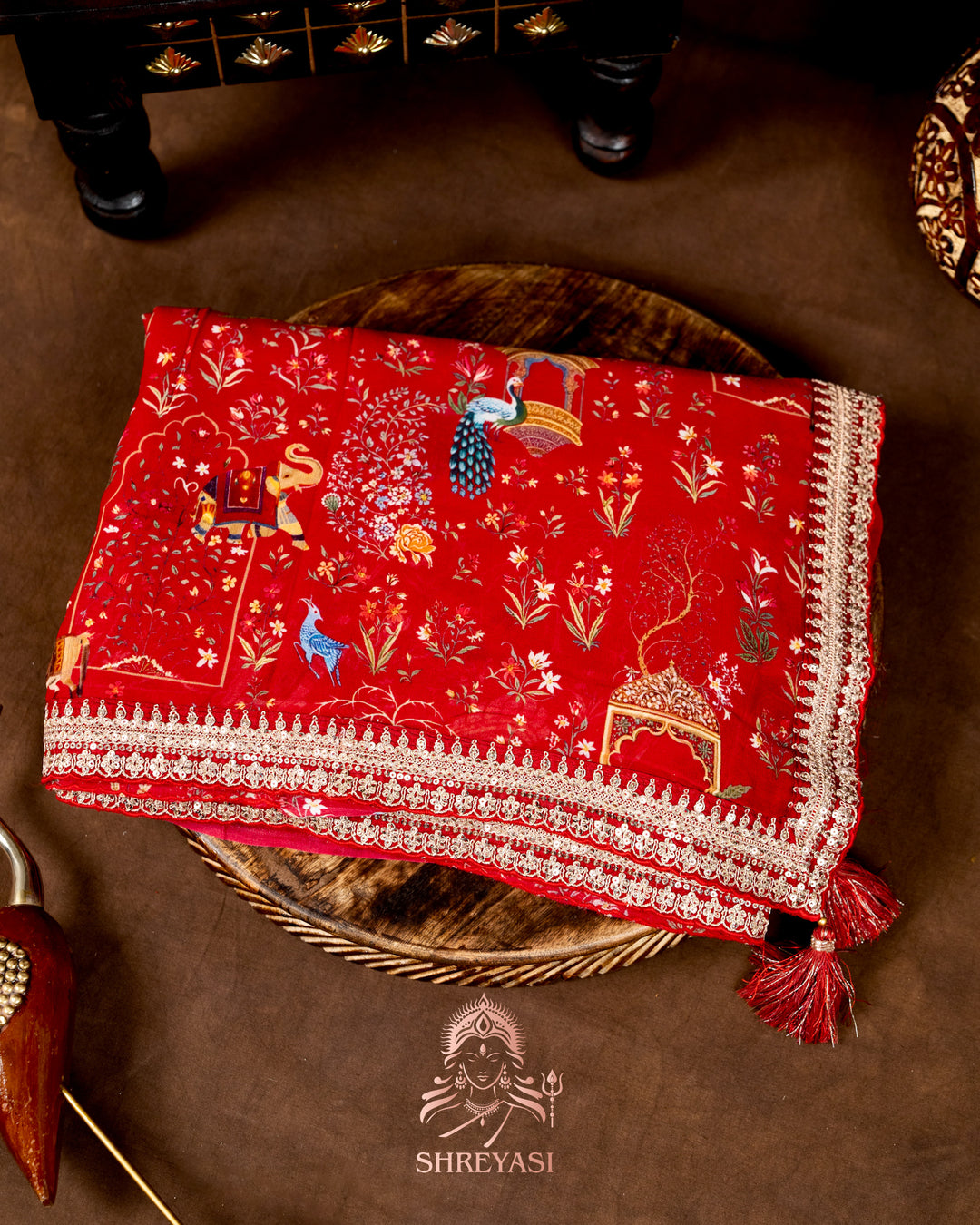 Mughal Garden Print Crepe Chinon Saree with Embroidered Border