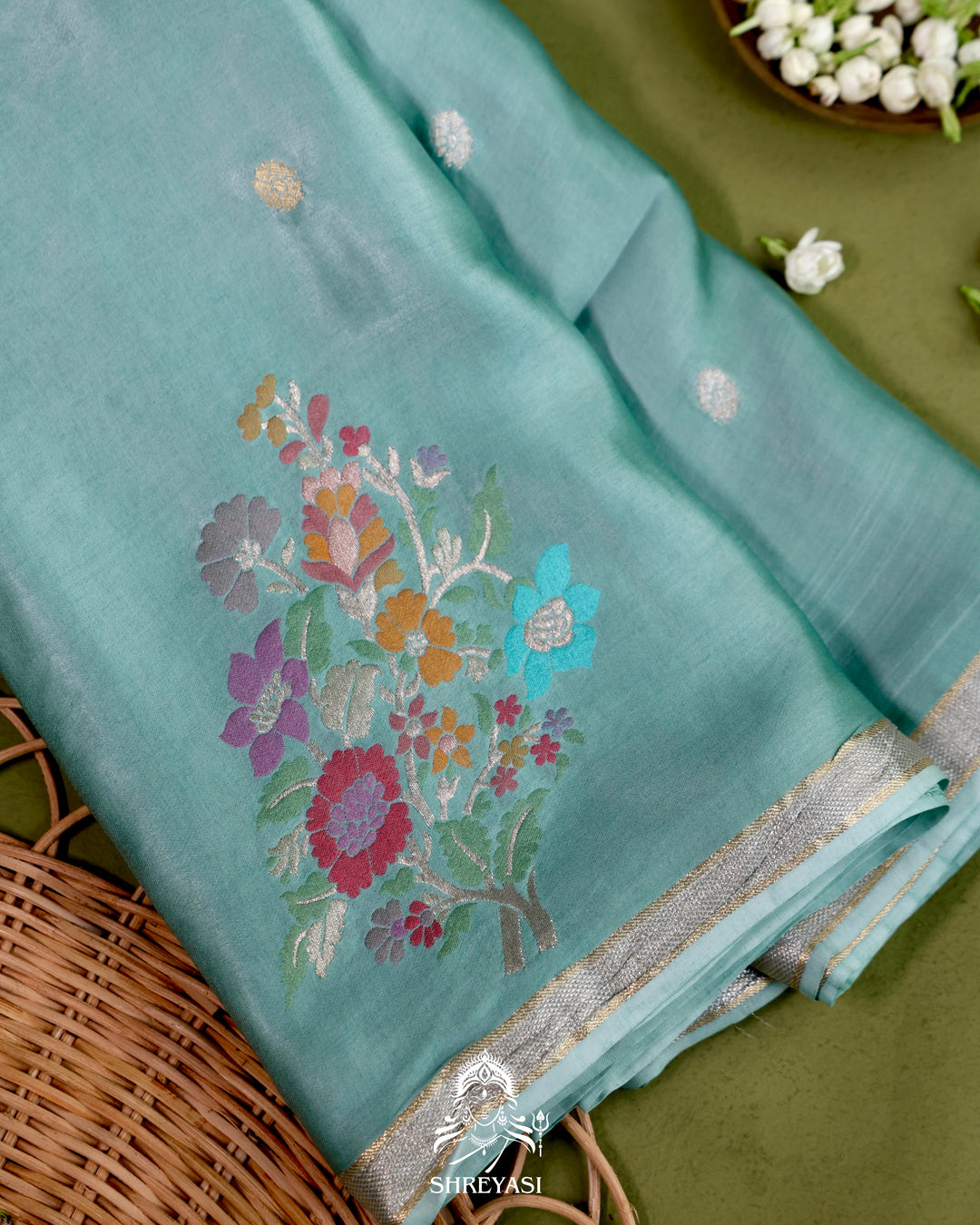 Handloom Pure Mashru Silk Saree with Sona Rupa Meenakari Bhutis and Nakshi Pallu