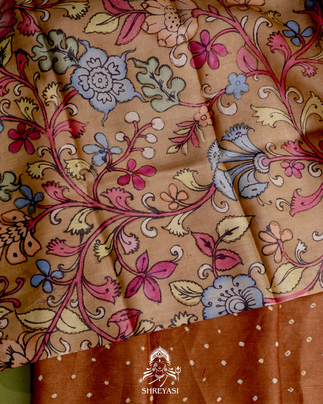 Handloom Pure Tussar Silk Saree with Hand Knotted Bandhej and Pen Kalamkari Pallu and Blouse