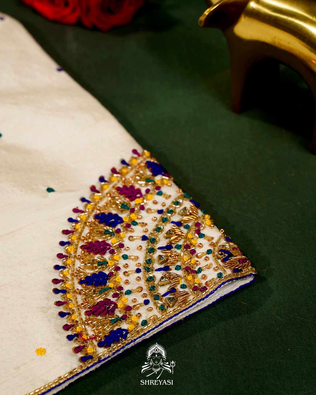 Handloom Pure Rajkot Single Ikat Patola Silk Saree with Hand-Embroidered Raw Silk Blouse
