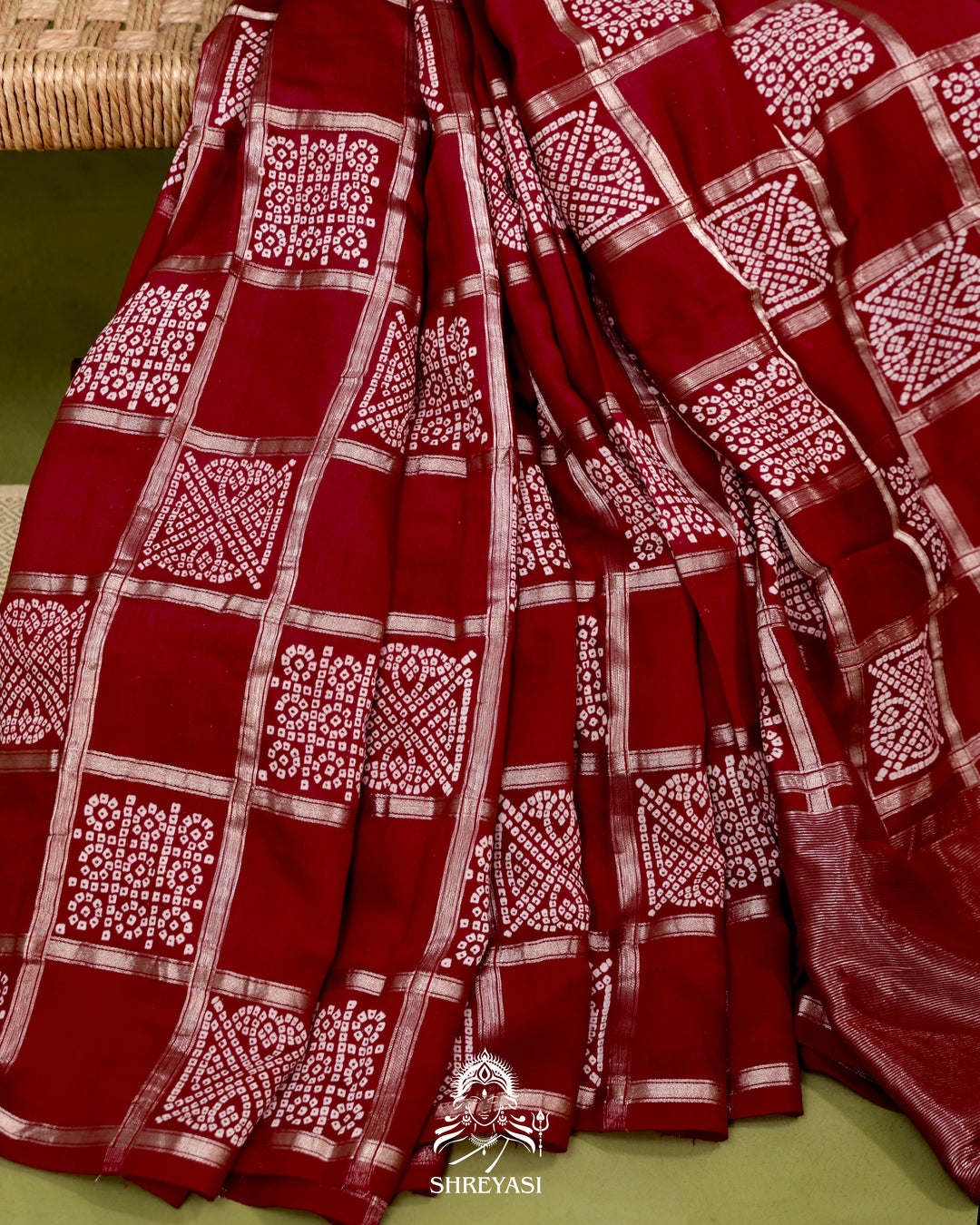 Gharchola-Style Bandhini Matka Silk Saree with Zari Checks