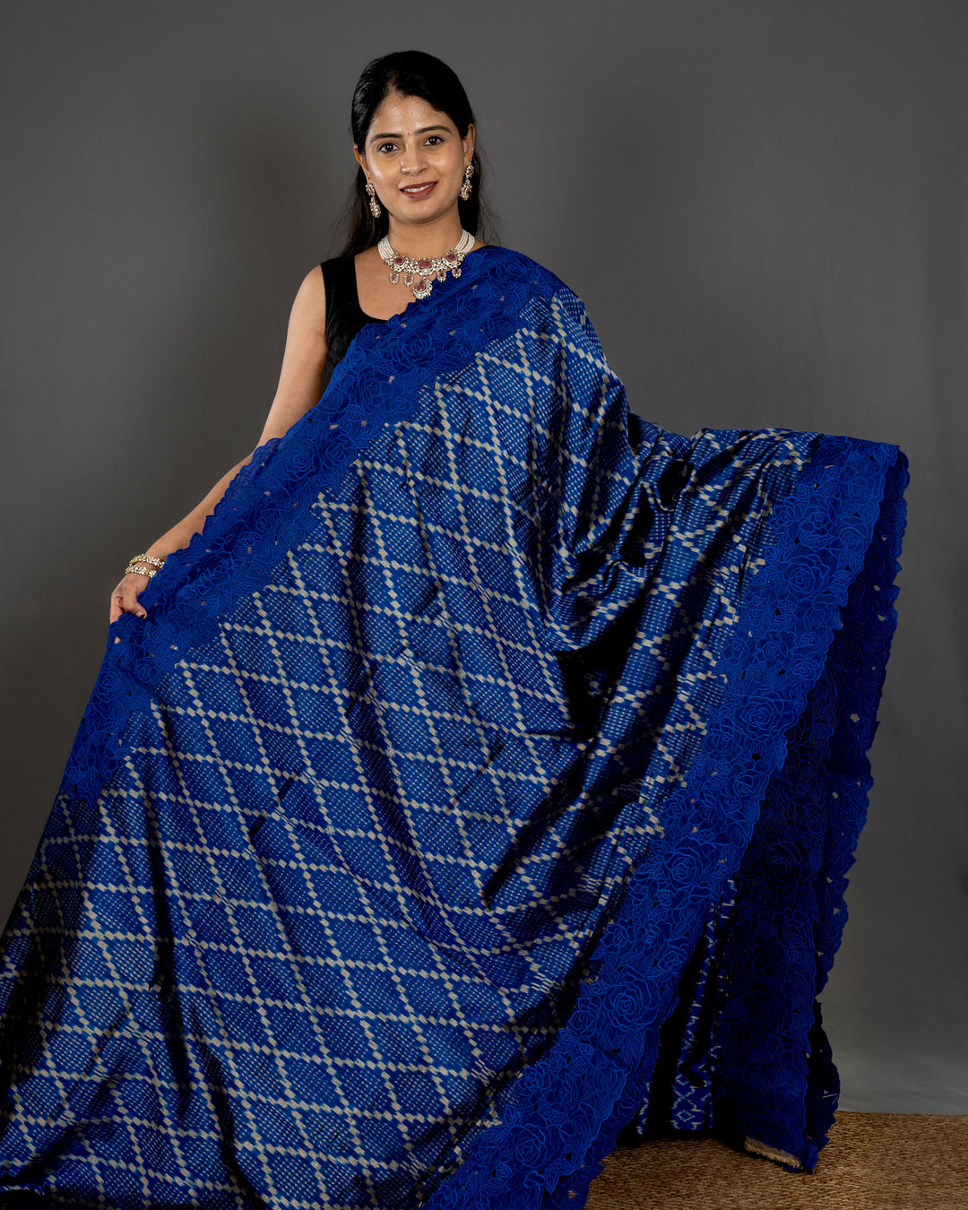 Handloom Pure Patola Silk Saree with Scalloped Floral Appliqué Embroidered Borders