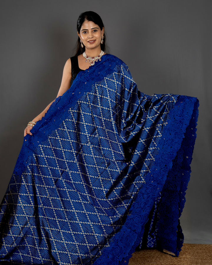 Handloom Pure Patola Silk Saree with Scalloped Floral Appliqué Embroidered Borders