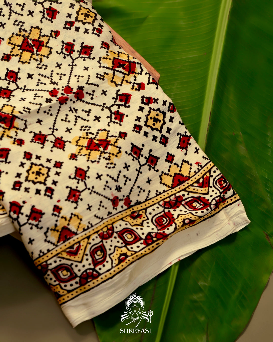 Pure Modal Gaji Silk Lagdi Patta Ivory Red Ajrakh Saree in Natural Dyes