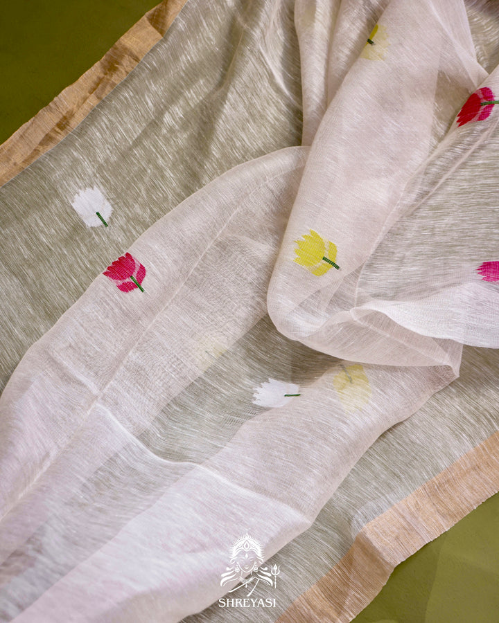 Handloom Silk Linen Jamdani Saree with Tissue Paithani Pallu