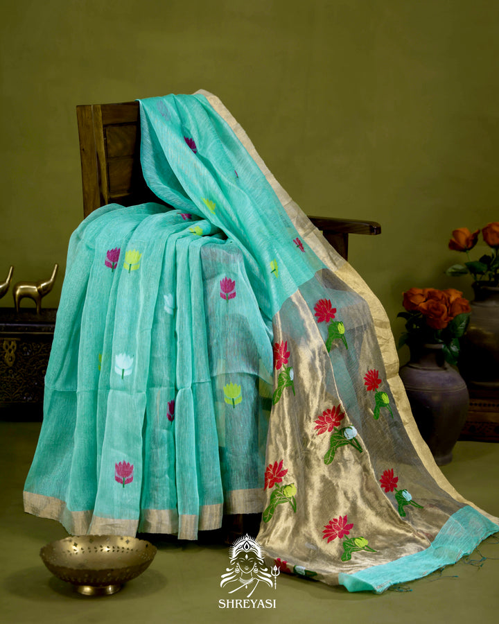 Handloom Silk Linen Jamdani Saree with Tissue Paithani Pallu