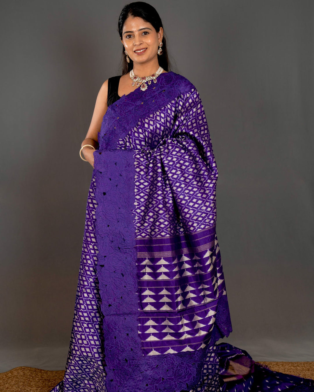 Handloom Pure Patola Silk Saree with Scalloped Floral Appliqué Embroidered Borders