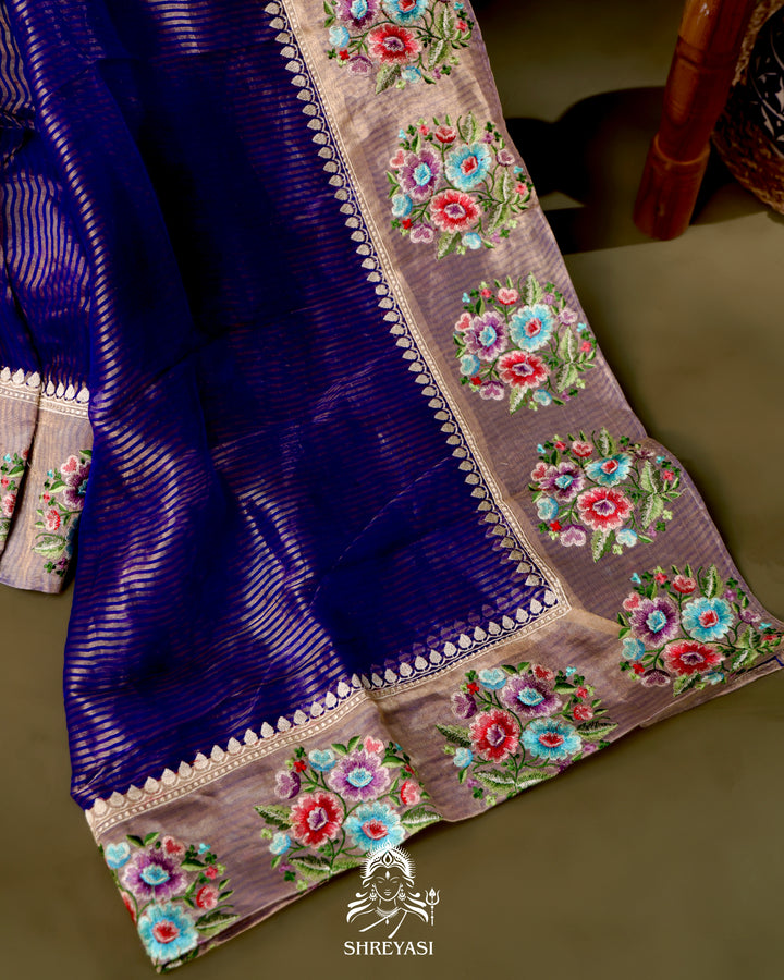 Handloom Banarasi Tissue Stripe Silk Saree with Satin Stitch Floral Embroidered Borders
